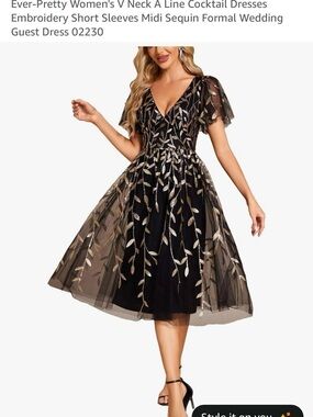 Ever Pretty Black Midi Dress with Gold Leaf Embroidery Tulle